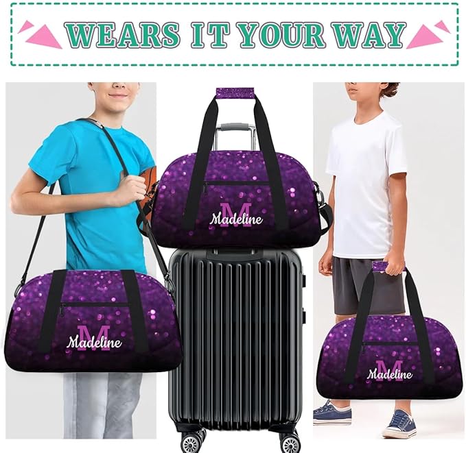 Personalized Kids Sports Duffel Bag with Name Custom Weekender Overnight Bag for Boys Girls Gym Bag Travel Dance Gymnastics Duffel Bag, DeepPurple Glitter