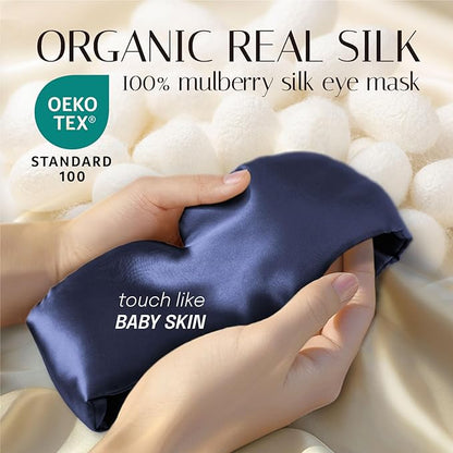 Silk Sleep Mask Soft Pressureless: 100% Mulberry Silk for Eye Skin Anti Wrinkles, Large Size for Total Blackout, Adjustable Wide Velcro Ear Cover