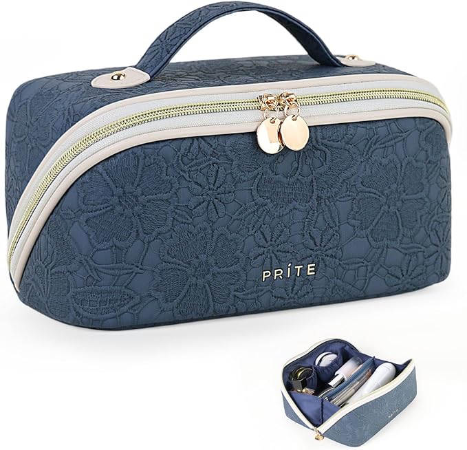 Prite Travel Cosmetic Bag Makeup Organizer Bag For Women Large Capacity Waterproof PU Leather Toiletry Bag with Handle and Clear Divider(Blue Flower)