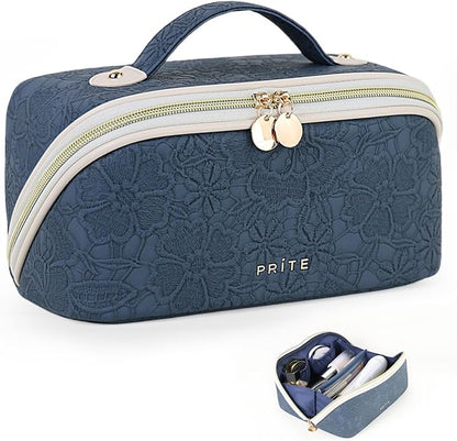 Prite Travel Cosmetic Bag Makeup Organizer Bag For Women Large Capacity Waterproof PU Leather Toiletry Bag with Handle and Clear Divider(Blue Flower)