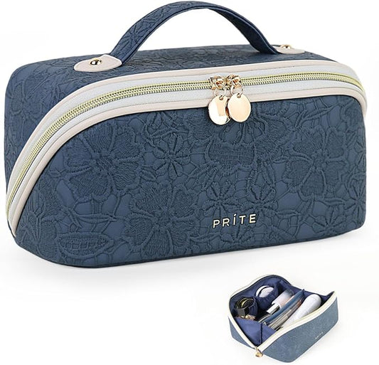 Prite Travel Cosmetic Bag Makeup Organizer Bag For Women Large Capacity Waterproof PU Leather Toiletry Bag with Handle and Clear Divider(Blue Flower)