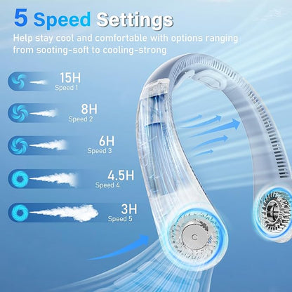 Neck Fan - Portable Neck Fan with Neck Support, 5 Speeds, All Around Airflow, Hand-free Bladeless Personal Cooling Fans, Rechargeable Wearable Fan for Outdoor and Indoor, Festival Gifts for Men Women