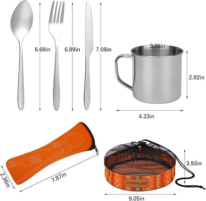 Stainless Steel Camping Cutlery Set - 8 Piece, Includes Spoons, Mugs, Bowls, Plates, Rags & Organizer Straps - Easy to Carry for Backpacking, Camping, Hiking and Picnics