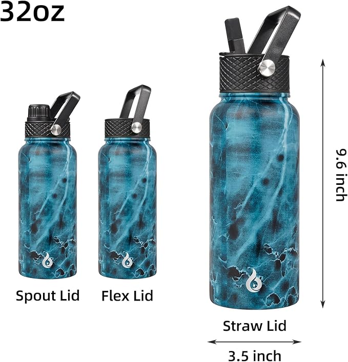 BJPKPK Insulated Water Bottles with Straw Lid, 32oz Metal Large Water Bottle with 3 Lids, Reusable Leak Proof BPA Free Thermo, Stainless Steel Tumblers for Sports, Gym, Travel-Ocean
