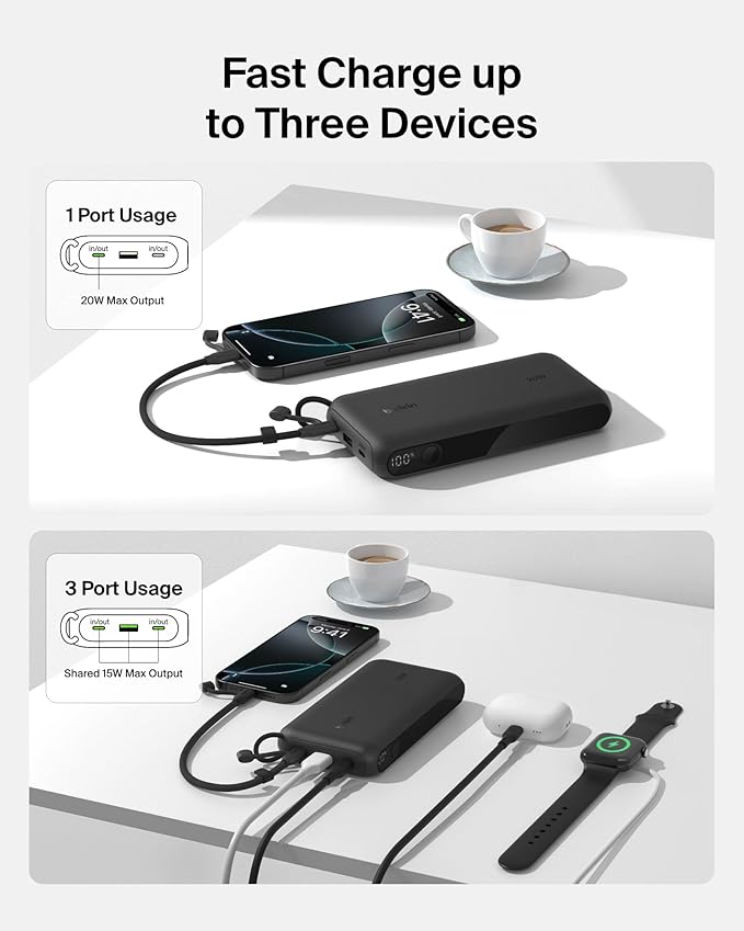 Belkin Portable Charger, USB-C Power Bank 20,000mAh w/ 2X USB-C Ports & 1x A Port, Digital Battery Display, 20W Charging for iPhone 17, Air, Pro, Samsung Galaxy S25, Pixel 10, iPad, & More - Black