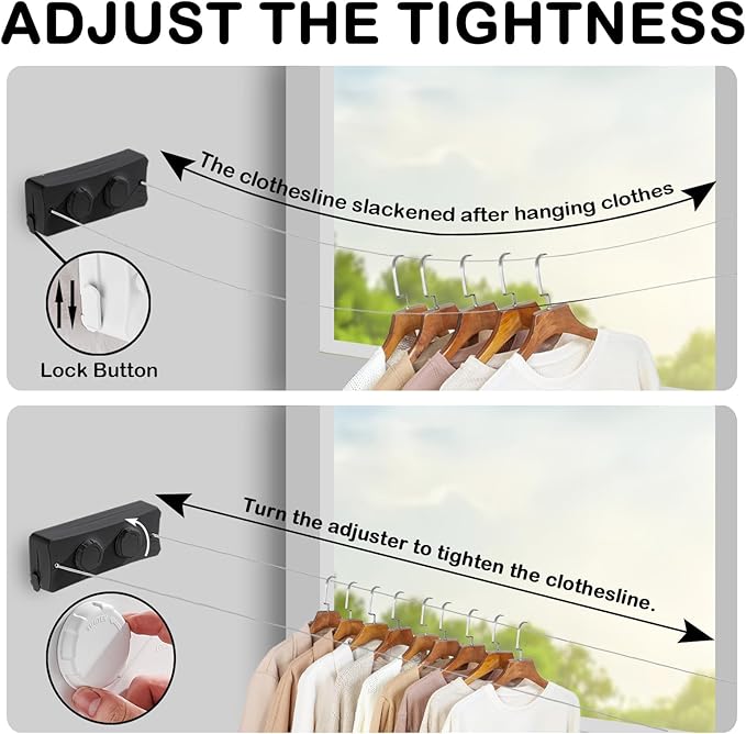 Retractable Clothesline - Heavy Duty 44lb Dual 304 Stainless Lines,16.7ft Anti-Sag Design,Install for Indoor/Outdoor Use (Black, Dual Lines)