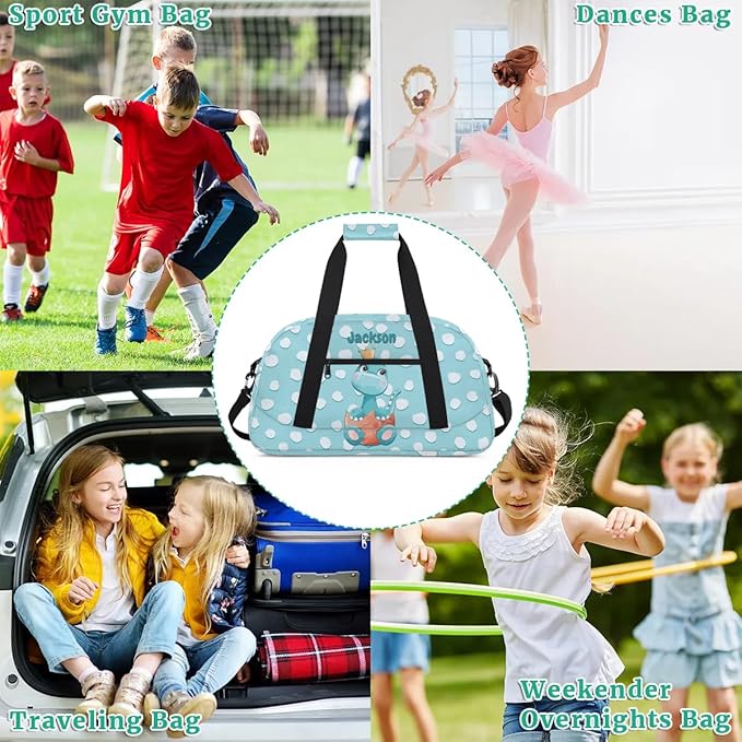 Personalized Duffel Bag for Kids Girls Boys, Dinosaur Spot Custom Name Gym Bag Overnight with Padded Handles Carry On Weekend Sports Travel Bag for School Practice Gymnastics Ballet