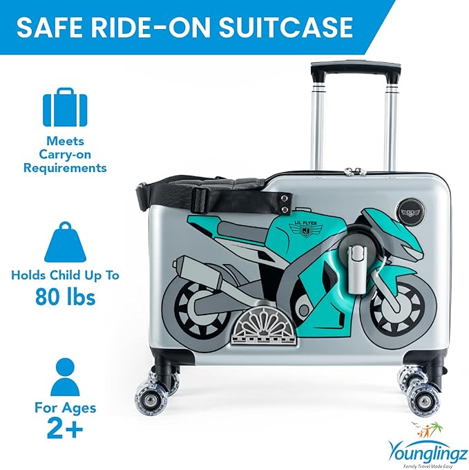Younglingz LIL FLYER GO Version 2 Ride On Suitcase for Kids | Carry On Luggage with Toddler Seat, Foldable Handlebars, Pedals, and Removable Wheels | Holds up to 80 lbs | Green Motorcycle | Ages 2-6