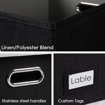 PRANDOM File Organizer Box - Set of 4 Collapsible Decorative Linen Filing Storage Hanging File Folders with Lids Office Cabinet Letter Size Black (15x12.2x10.75 inch)