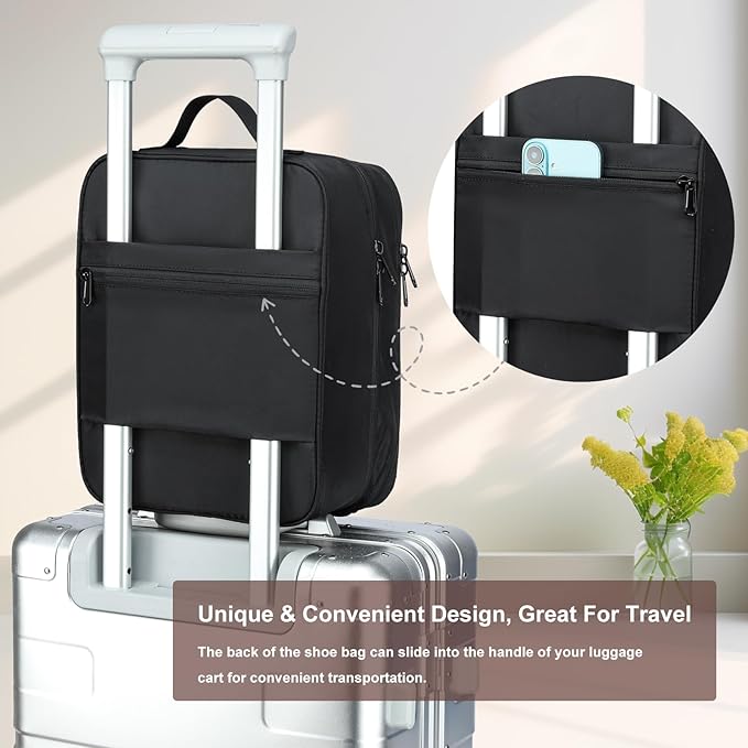 2 Layers Travel Shoe Bag, Portable Shoe Bags Hold 2 Pair Of Shoes, Water-Resistant Shoe Storage Pouch For Travel (Black, 2 Pack)