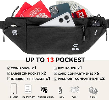 Travel Money Belt for Men and Women hidden slim passport holder - travel wallet with RFID blocking under clothes to protect Cash, Credit Cards and Documents (khaki)