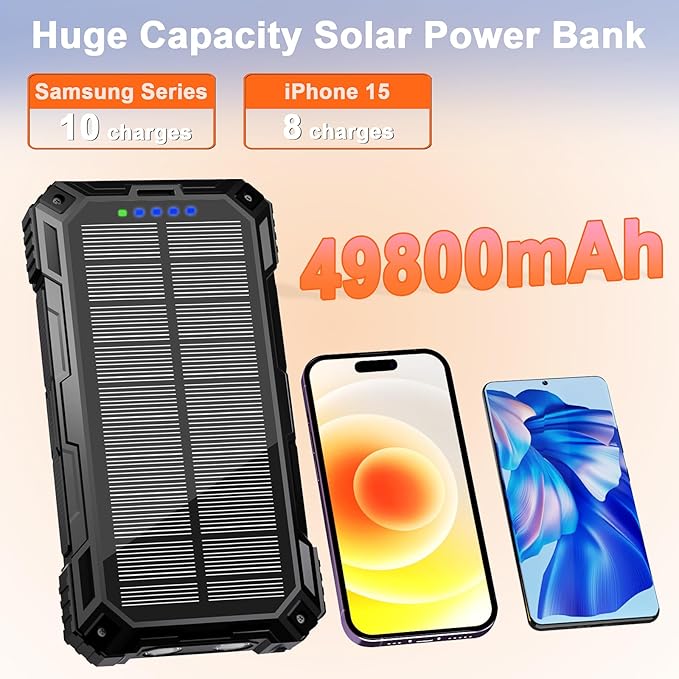 WONGKUO Solar Charger Power Bank - 49800mAh Solar Phone Charger with USB-C in/Output, QC 3.0 Fast Charging with LED Flashlight, Built-in 4 Cables, IP65 Waterproof Fits for Outdoor (Flash Black)