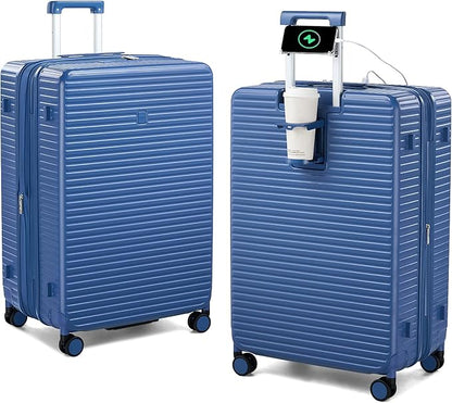 28 Inch Luggage Hard Shell Suitcases, Expandable Travel Checked Luggage 28 Inch, Large Check In Luggage with Spinner Wheels Cup Holder Charger Built in Lightweight Suitcase, Interstellar Blue
