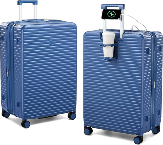 28 Inch Luggage Hard Shell Suitcases, Expandable Travel Checked Luggage 28 Inch, Large Check In Luggage with Spinner Wheels Cup Holder Charger Built in Lightweight Suitcase, Interstellar Blue