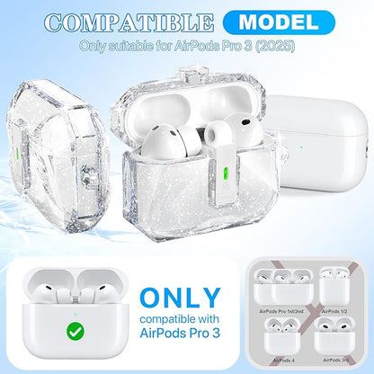 R-fun for AirPods Pro 3 Case (2025) Cover with Cleaning Kit, Military-Grade Shockproof Transparent Non-Yellowing, Auto Pop-Up Lid Design for AirPods Pro 3rd Generation Case, Glitter