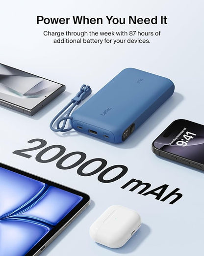 Belkin Portable Charger, USB-C Power Bank 20,000mAh w/ 2X USB-C Ports & 1x A Port, Digital Battery Display, 20W Charging - iPhone 17, Air, Pro, Samsung Galaxy S25, Pixel 10, iPad, & More - Blue