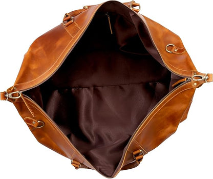 24 Inch Genuine Buffalo Leather Travel Duffle Bag, Overnight Weekend Leather Bag Sports Gym Duffel for Men, Airplane Under Seat Carry on Bags (Tan)