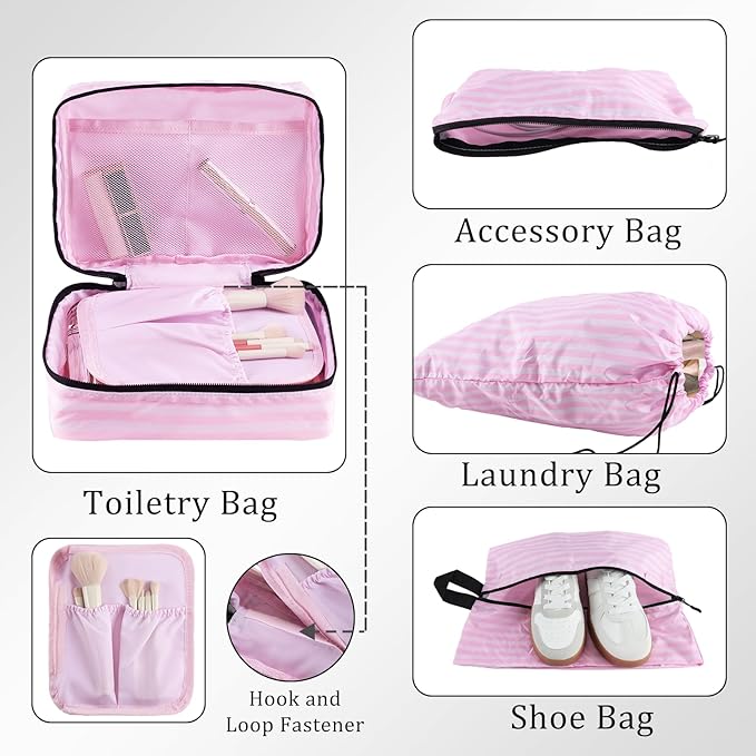 U+U 10 Set Compression Packing Cubes - Ultralight Pink Stripe Travel Organizers with Laundry Bag, Space-Saving Suitcase Organizer, Expandable Packing Cubes for Travel and Family Vacation (Pink Stripe)