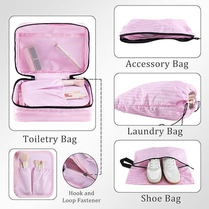 U+U 10 Set Compression Packing Cubes - Ultralight Pink Stripe Travel Organizers with Laundry Bag, Space-Saving Suitcase Organizer, Expandable Packing Cubes for Travel and Family Vacation (Pink Stripe)