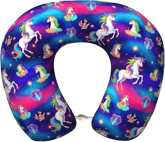 Comfortable Memory Foam Travel Neck Pillow, Funny Chin/Head Cushion Supporting Airplane Car Pillows Rainbow Galaxy Unicorns Space Art for Sleeping Outdoors Travel Office