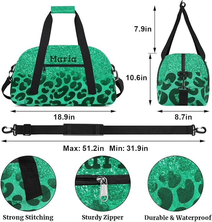 Personalized Kids Sports Duffel Bag with Name Custom Weekender Overnight Bag for Boys Girls Gym Bag Travel Dance Gymnastics Duffel Bag, Green Glitter Leopard Print
