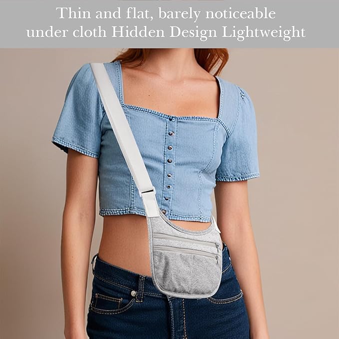 Travel Money Belt Cashsafe Anti Theft Travel Wallet, Fanny Packs for Passport Holder Hidden Under Clothes, Running Bag to Carry Phone Keys (Grey)