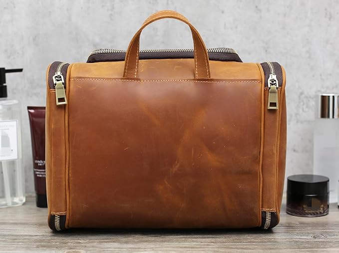 EURYNOME Toiletry Bag For Men, Genuine Leather Toiletries Organizer, Travel Hanging Toiletry Bag Large Water-resistant Bathroom Shaving Kit for Cosmetics, Makeup Case Travel Dopp Kit