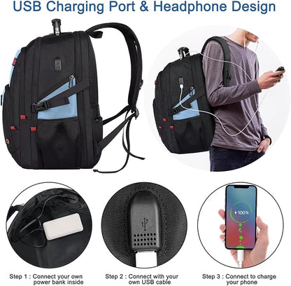 Z-MGKISS Big Backpack for Travel, 52L Large Anti-Theft Computer Backpack for Women Men, Heavy Duty Laptop Bag 17.3 Inch with USB Port, College Business Work Daypack, Lake Blue