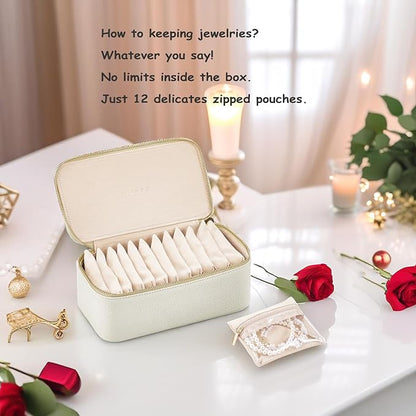 Vlando Travel Jewelry Box Organizer - 12 Small Velvet Zipped Pouches Pockets for Jewelries Necklaces Rings Earrings Sorting Storage, Offwhite