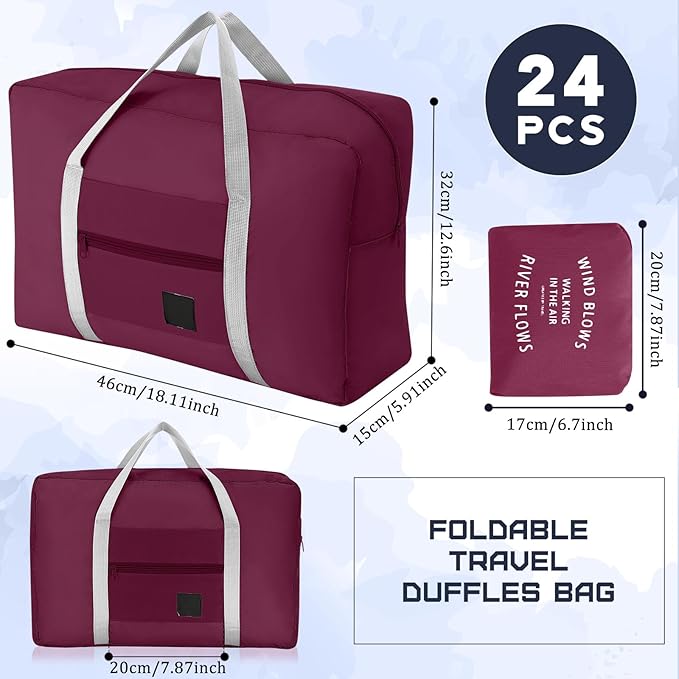 Sweetude 24 Pcs Travel Duffel Bags Bulk Foldable Luggage Bag Women Men Waterproof Carry Tote with Trolley Sleeve for Gym, Overnight, Airlines(Navy Blue, Wine Red, Black)