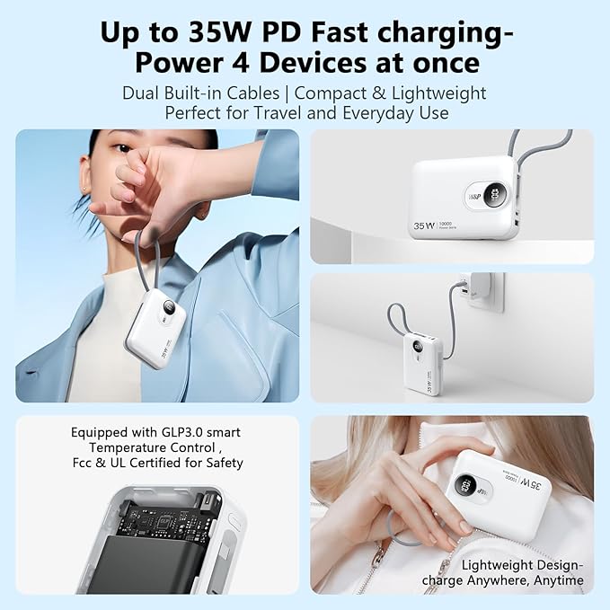 W&P Portable Charger for iPhone, 35W Fast Charging 10000mAh Portable Power Bank with Built-in USB-C & Lightning Cables, Compact Travel Battery Pack for iPhone 15/14/13, Android, iPad, MacBook