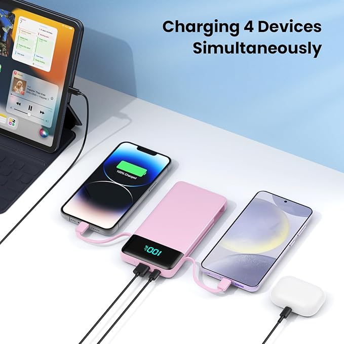 Portable Charger for iPhone with Built in Cables and Wall Plug,Upgraded 13800mAh Fast Charging USB C Power Bank,4 Outputs Travel Essential Battery Pack Compatible with iPhone 17/16/15/14,Samsung-Pink
