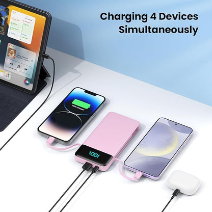 Portable Charger for iPhone with Built in Cables and Wall Plug,Upgraded 13800mAh Fast Charging USB C Power Bank,4 Outputs Travel Essential Battery Pack Compatible with iPhone 17/16/15/14,Samsung-Pink