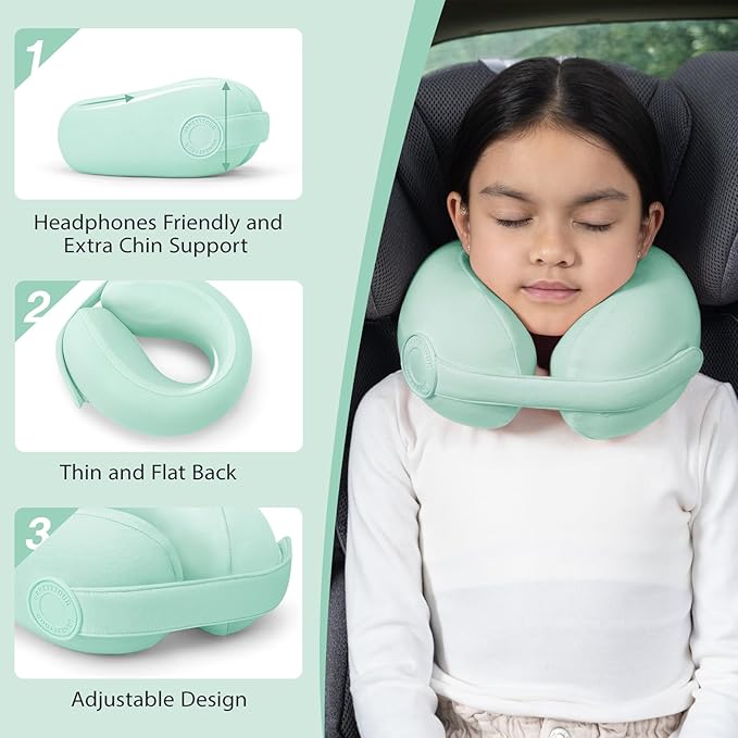 Car Pillow for Little Kids Travel Neck Pillows, Memory Foam Neck Support Travelling Pillow with Washable Cotton Pillowcases and Storage Bag, for Airplane, Train, Flight and Home Use Green