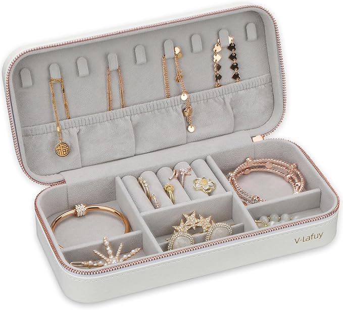 Jewelry Box Small Jewelry Boxes, PU Leather Portable Travel Jewelry Case, Large Capacity for Rings Earrings Necklaces Bracelets Watch, White C