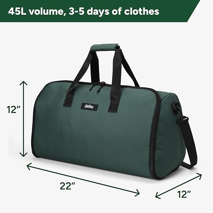 Halfday Convertible 2-in-1 Garment Duffel Weekender Bag 45L | Wrinkle-Free Travel, Hanging Suit Compartment, Shoe Pockets, Trolley Sleeve. Durable & Water-Resistant Carry-On, Hunter