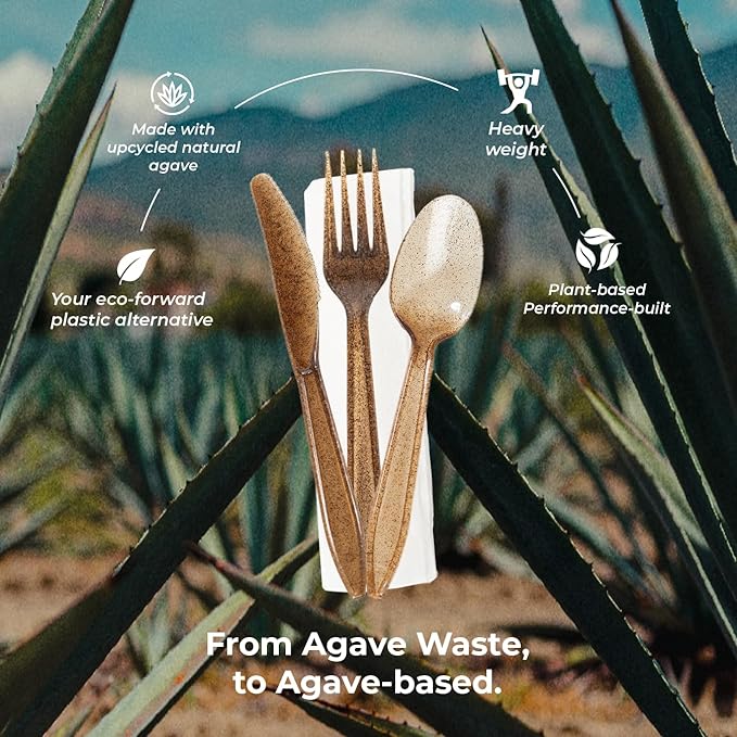 Sustainable Agave Co - Agave Fiber Cutlery Set - 24 Biofilm Wrapped Sets / 72 pcs - Plant-Based, Made With Upcycled Materials - Bulk Brown Forks, Knives Spoons & Napkin Variety Pack