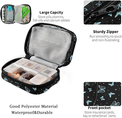 Fustylead Beautiful Butterflies Travel Pill Organizer Bag with Zipper Small Pill Box 7 Day Pill Case for Purse Storage Weekly Vitamin Medicine Supplement