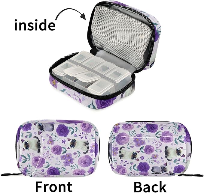 Purple Floral Cute Cats Travel Pill Organizer Case Box Container Weekly Portable Vitamin Medicine Holder Storage Bag with Zipper Removable
