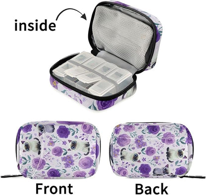 Purple Floral Cute Cats Travel Pill Organizer Case Box Container Weekly Portable Vitamin Medicine Holder Storage Bag with Zipper Removable