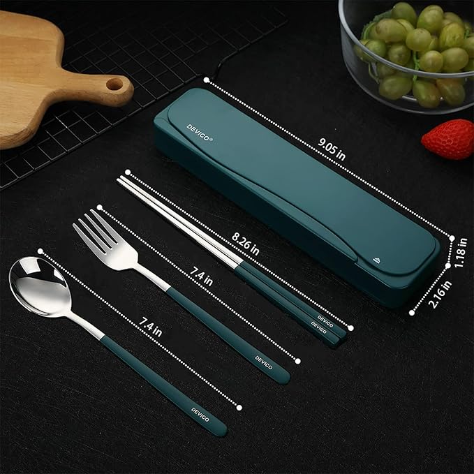 DEVICO Travel Utensils, 18/8 Stainless Steel Portable Reusable Camping Silverware Cutlery Flatware Set, 4-Piece Include Fork Spoon Chopsticks with Case (Dark Green)