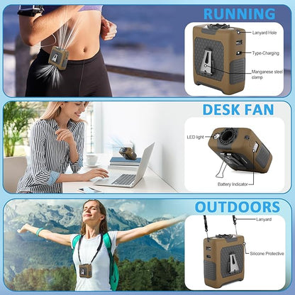 Portable Fan Wearable Personal Fan with 5 Speed Max 55 Working Hours Low Noise Portable Neck Fans Cooling Waist Fans for Camping Traveling LED Power Display 10000mAh Rechargeable (Brown)