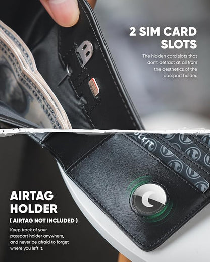 VULKIT Passport Holder with Airtag Holder RFID Blocking Passport Wallet Travel Leather Passport for Women(Iron Black)