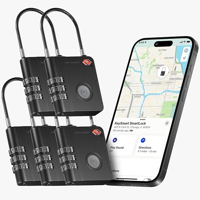KeySmart SmartLock Tracking Luggage Locks, TSA Locks for Luggage, GPS Tracker, Combination Lock Compatible with Apple Find My App, Best Travel Essentials, Replaceable Non-Rechargeable Battery (5 Pack)