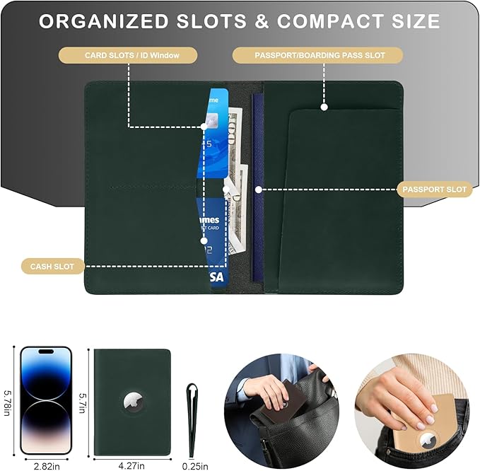 Airtag Passport Holder for Men Women Travel, Real Leather Passport Wallet, Handmade Passport Cover Case with Airtag Slot, Travel Must Haves Essentials Accessories Birthday Gifts (Crazy Horse, Green)
