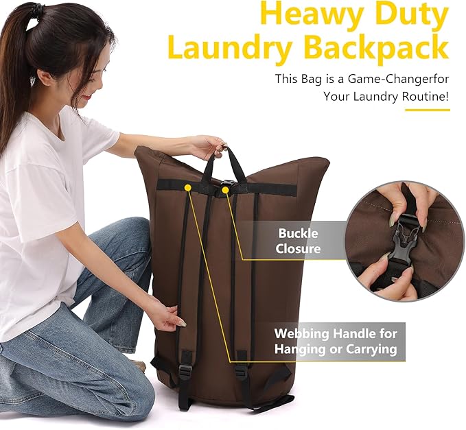 laundry bag backpack,extra-large heavy duty laundry bags,laundry backpack for college students,drawstring closure (Brown)