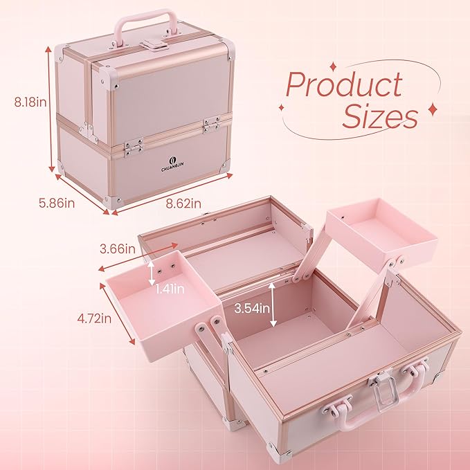 Makeup Train Case 2 Trays Makeup Box Organizer Portable Travel Makeup Case Lockable Makeup Storage Organizer Cosmetic Box for Jewelry Nail Tech Brushes Accessories Tool, Pink Pro
