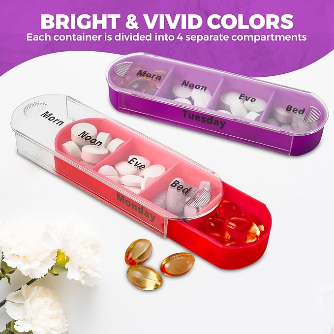 Weekly Pill Organizers with Pill Cutter - V-Grip Pill Splitter (Pack of 2) Stackable Pill, Medicine, Vitamin Organizer with 4 Times-a-Day Daily Compartments, 2 Dispensers with Stackable AM/PM Boxes
