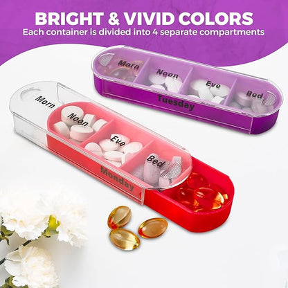 Weekly Pill Organizers with Pill Cutter - V-Grip Pill Splitter (Pack of 2) Stackable Pill, Medicine, Vitamin Organizer with 4 Times-a-Day Daily Compartments, 2 Dispensers with Stackable AM/PM Boxes