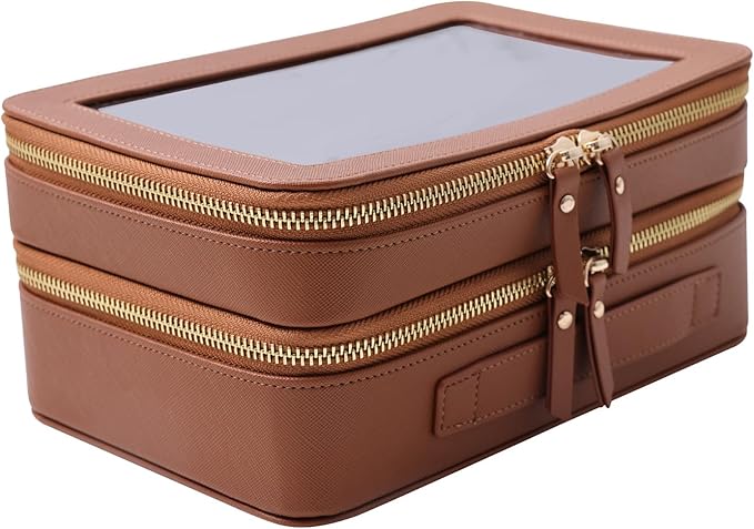 SANHECUN Clear Travel Toiletry bag Toiletry Case Carry on Travel Accessories Bag Makeup Bag Dimensions | LxWxH:9” x 6” x 4.2” (Brown, SHC-TL-2)